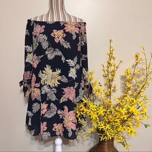 MTS Fall Navy Blue Floral Off/On Shoulder Tunic Top - Size Small